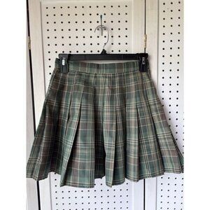 ROMWE Green Brown Plaid Pleated Mini Skirt Size XS 2 Schoolgirl Preppy